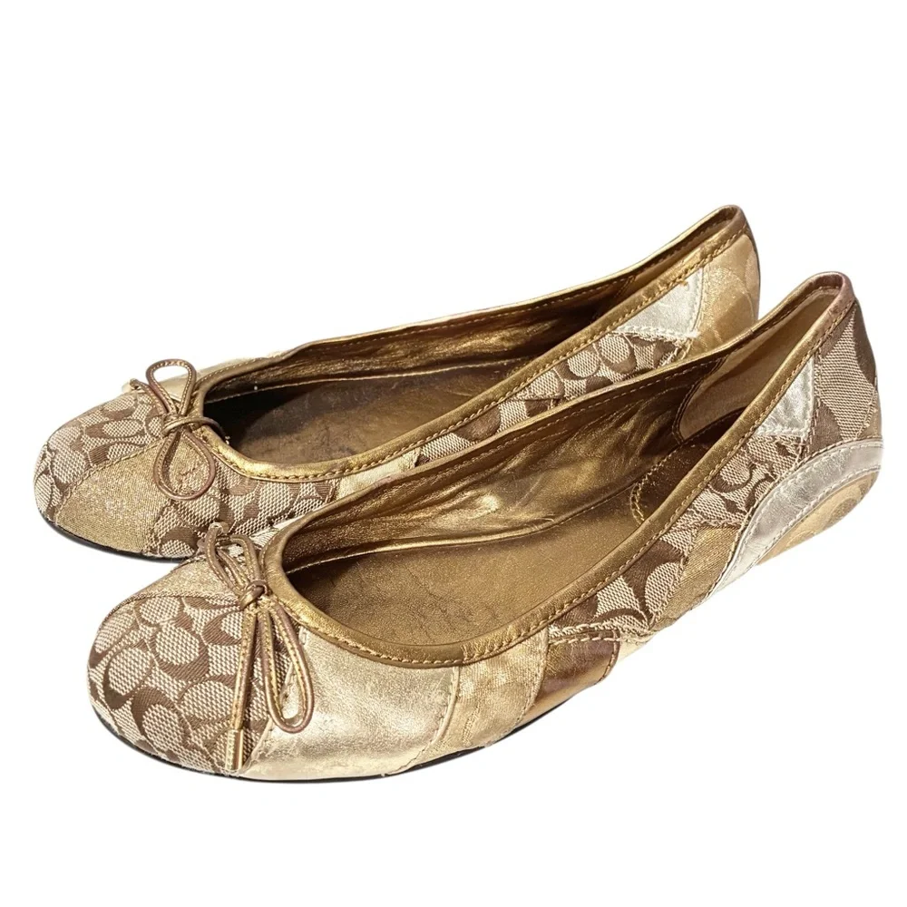 Coach Gold Brown Signature C Patchwork Ariell Ballet Flats Size 9B